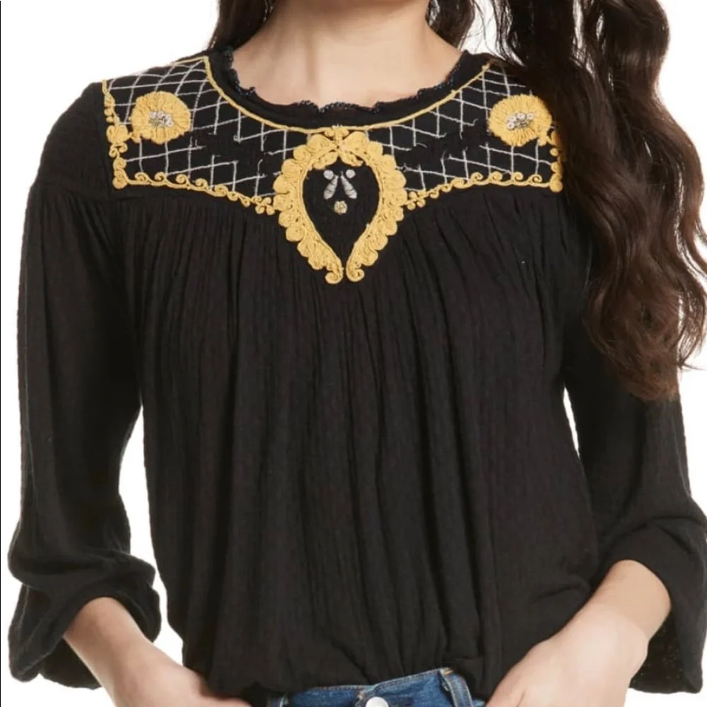 FREE PEOPLE | Embroidered Black Yoke Top NEW